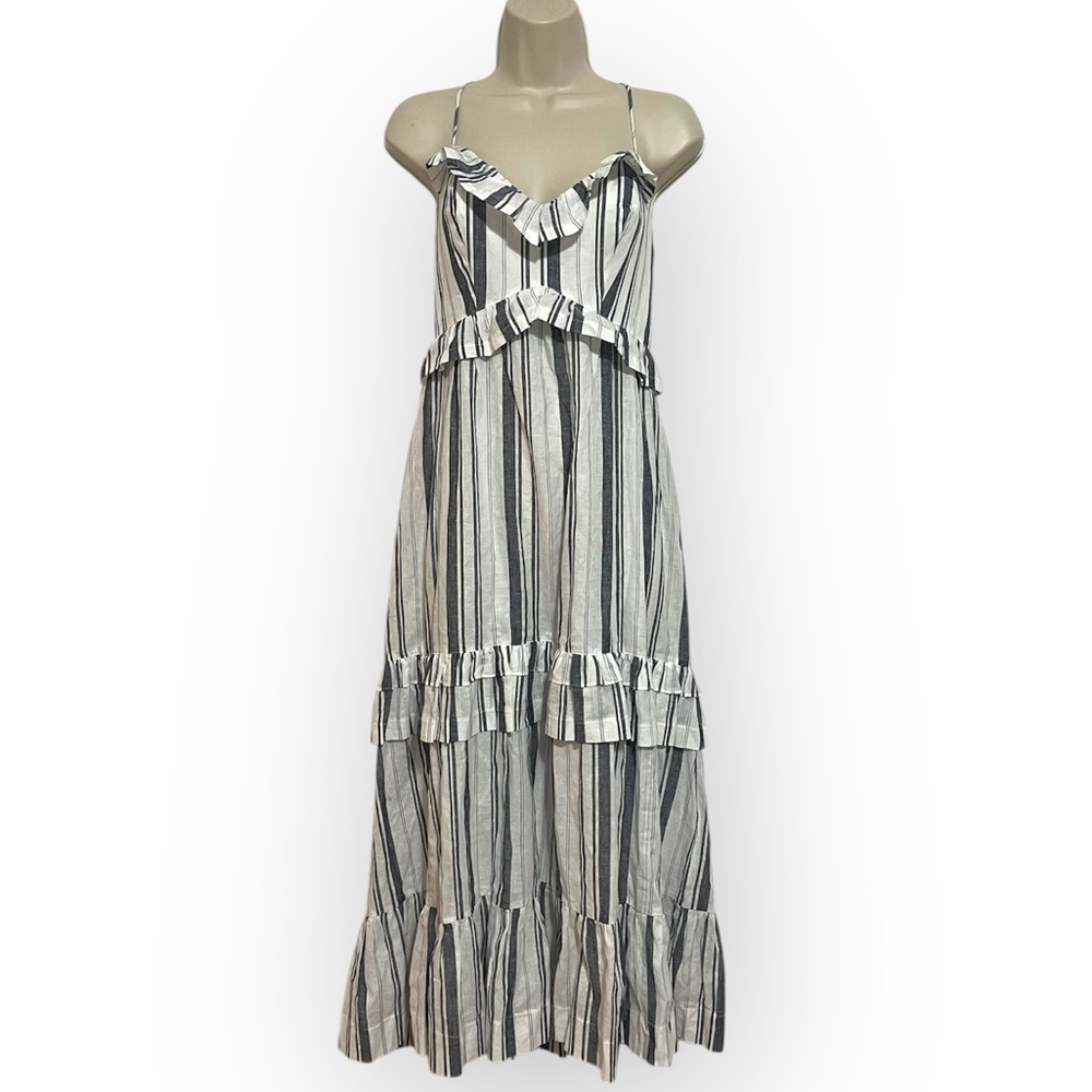 Cinq a Sept Addy Ruffle Stripe Cotton Blend Midi Sundress Size 4